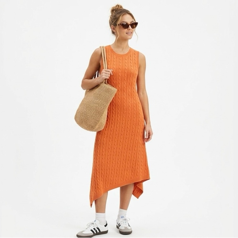 525 America Orange Asymmetrical Cable-Knit Sleeveless Dress